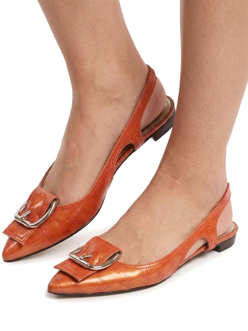 Nine West Polette Orange Patent Leather Buckle Pointed Toe Slingback Flats 7.5